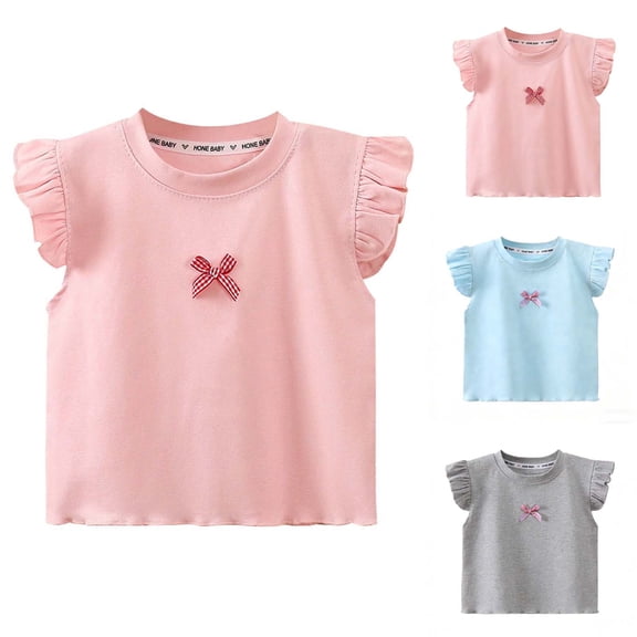 Bovxnpu Girls Short Sleeve T Shirts Kids Summer Tops Solid Ruffle Sleeve Cotton Crew Neck Casual Girls Tees