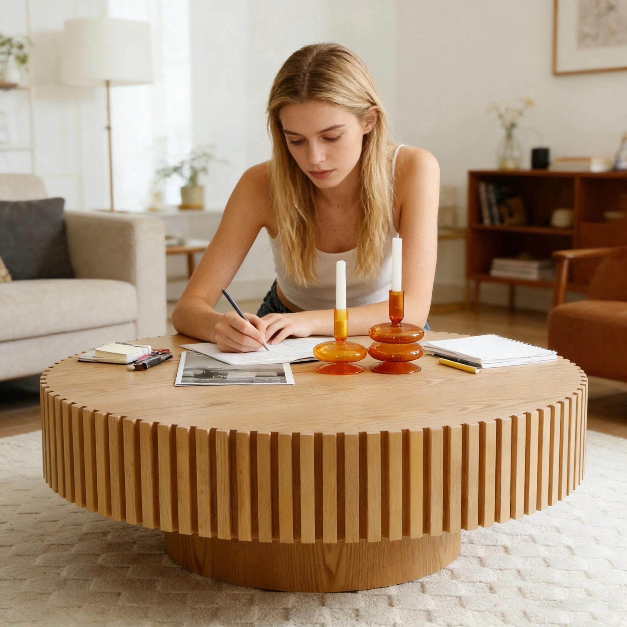 Kevinplus 39.37 Inch Round Coffee Table, Small Coffee Table for Living Room, Natural