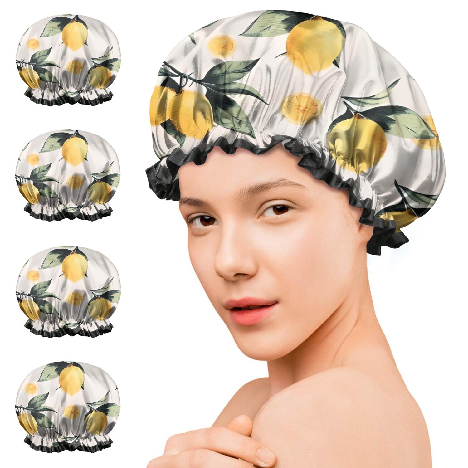 Shower Caps,Yellow Lemon Fruits White Pattern Waterproof Shower Cap for Women 4 Pieces,Double Reusable Hair Cover for Shower PEVA Elastic Stretch Hem