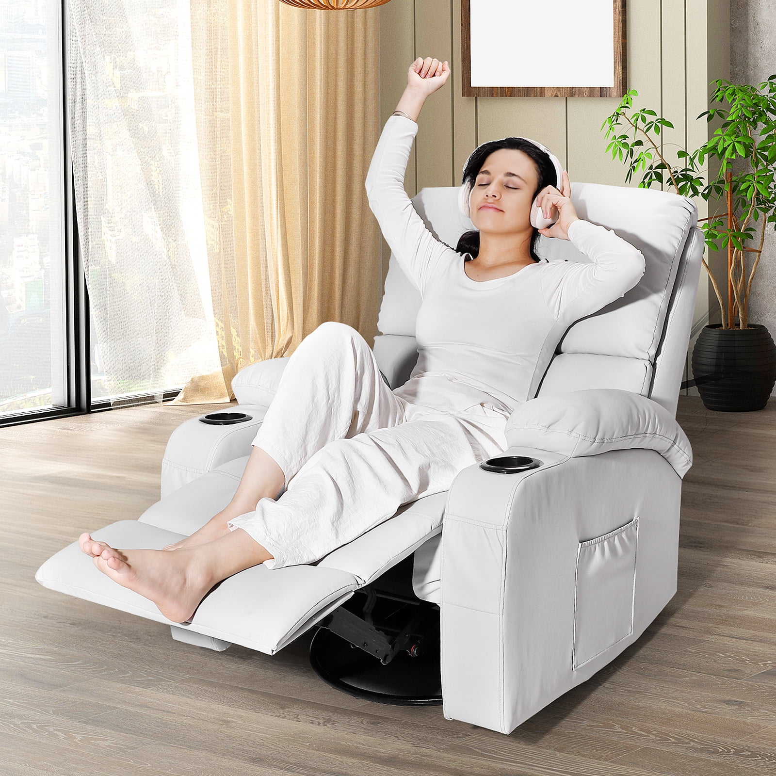 Rocking Recliner Chair, Massage Rocker Recliner Chair with Vibration Massage and Heat, USB and Type-C Ports,360° Swivel Faux Leather Chairs, Living Room, Bedroom, Nursery, RV, Light Grey