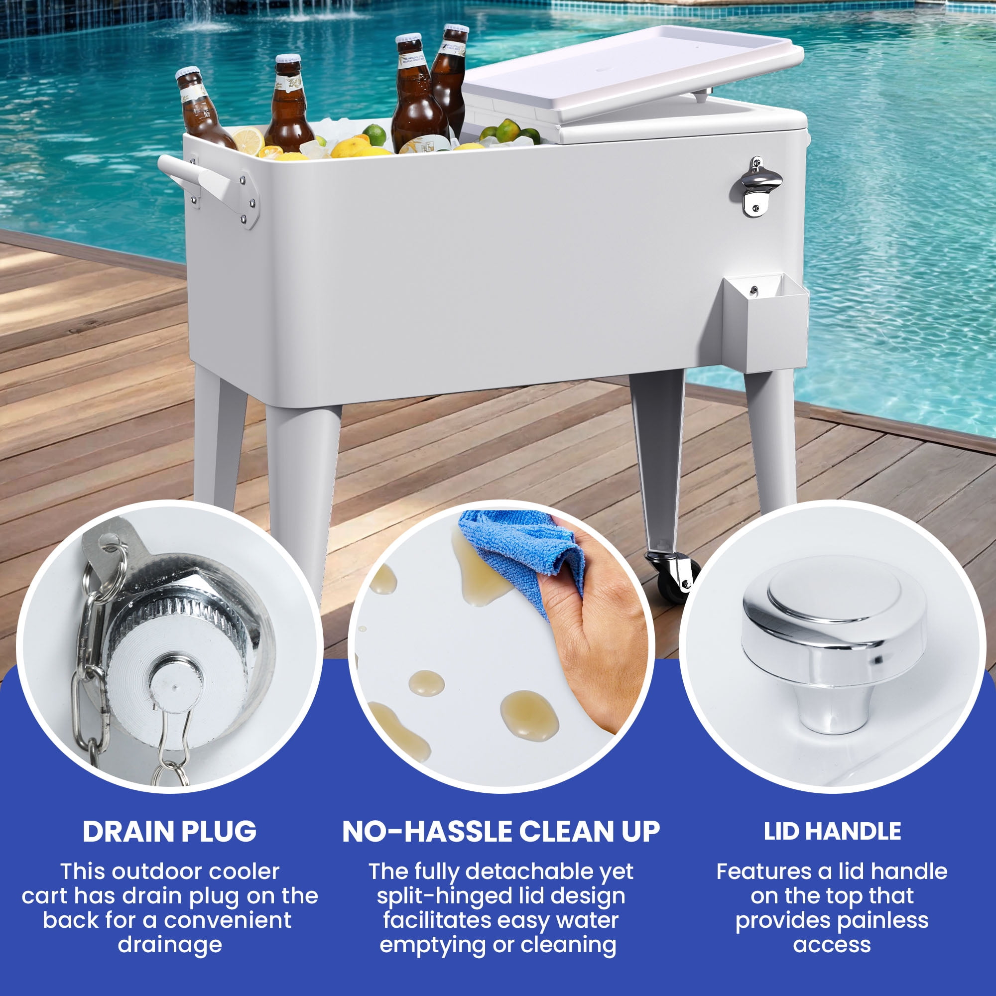 Uforic 80 Quart Rolling Ice Chest Cooler Cart,Outdoor Portable Beverage Cart with Bottle Opener & Drain, White