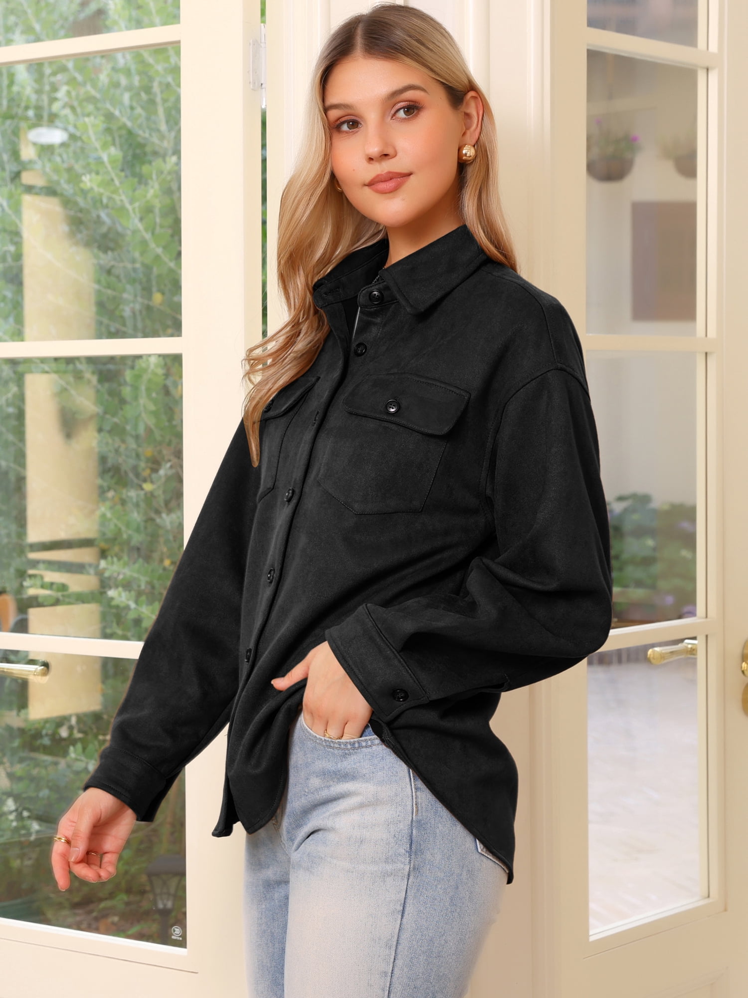 DARING DIVA Women's Turn-Down Collar Long Sleeve Button Down Jacket L Black