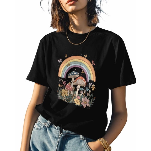 Mushroom Plant Womens Tshirt Graphic Tees Cotton Crew Neck T-Shirts, Casual Short Sleeve Shirts for Women Teen Girl