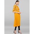 thumbnail image 4 of Janasya Indian Mustard Poly Crepe Gold Print A-line 3\4 Sleeves Round Neck Calf Length Kurta for Women, 4 of 8