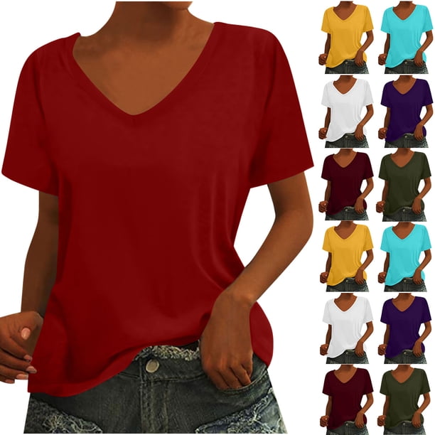 Blusas para mujer,Blusa tipo túnica de manga corta con cuello en V para mujer, corte holgado, mezcla de poliéster y elastano, ropa informal, sopatenor