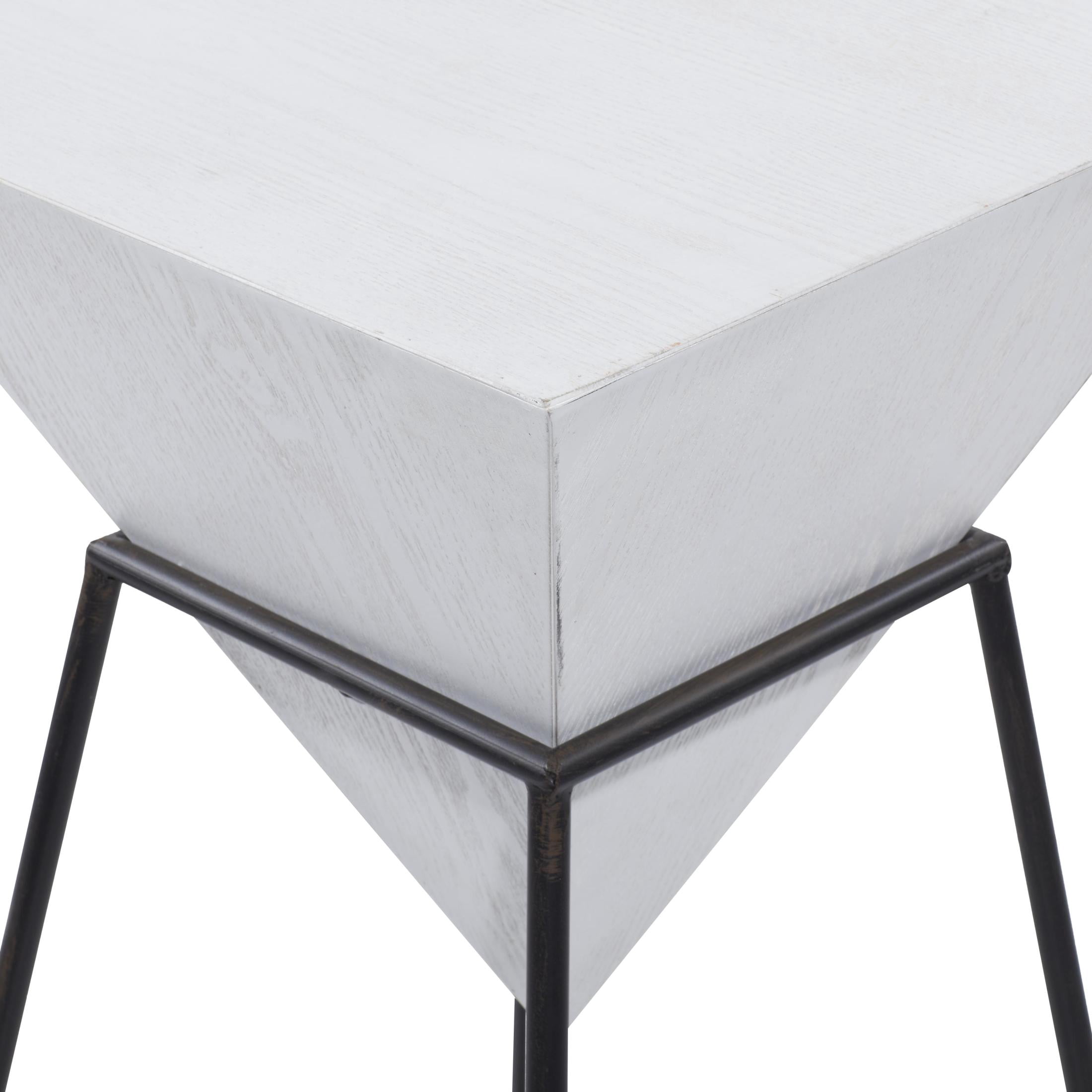 DecMode 14" x 24" White Wood Inverted Pyramid Geometric Accent Table with Black Metal Stand, 1-Piece