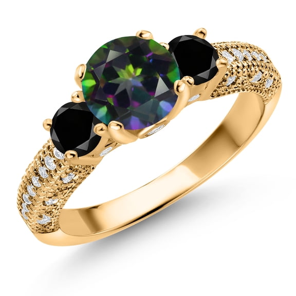 Gem Stone King 18K Yellow Gold Plated Silver Green Mystic Topaz Black Diamond and White Moissanite Engagement Ring for Women (1.92 Cttw, Gemstone, Round 7MM and 4MM, Size 8)