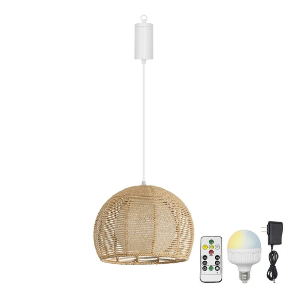 FSLiving Dimmable Hanging Light with Rechargeable Battery Operated LED RGB Bulb Linen Rattan Hollow Double Lampshade Pendant Light Timing Lamp for Bar Party Courtyard Nightstand Camping - 1 Lamp