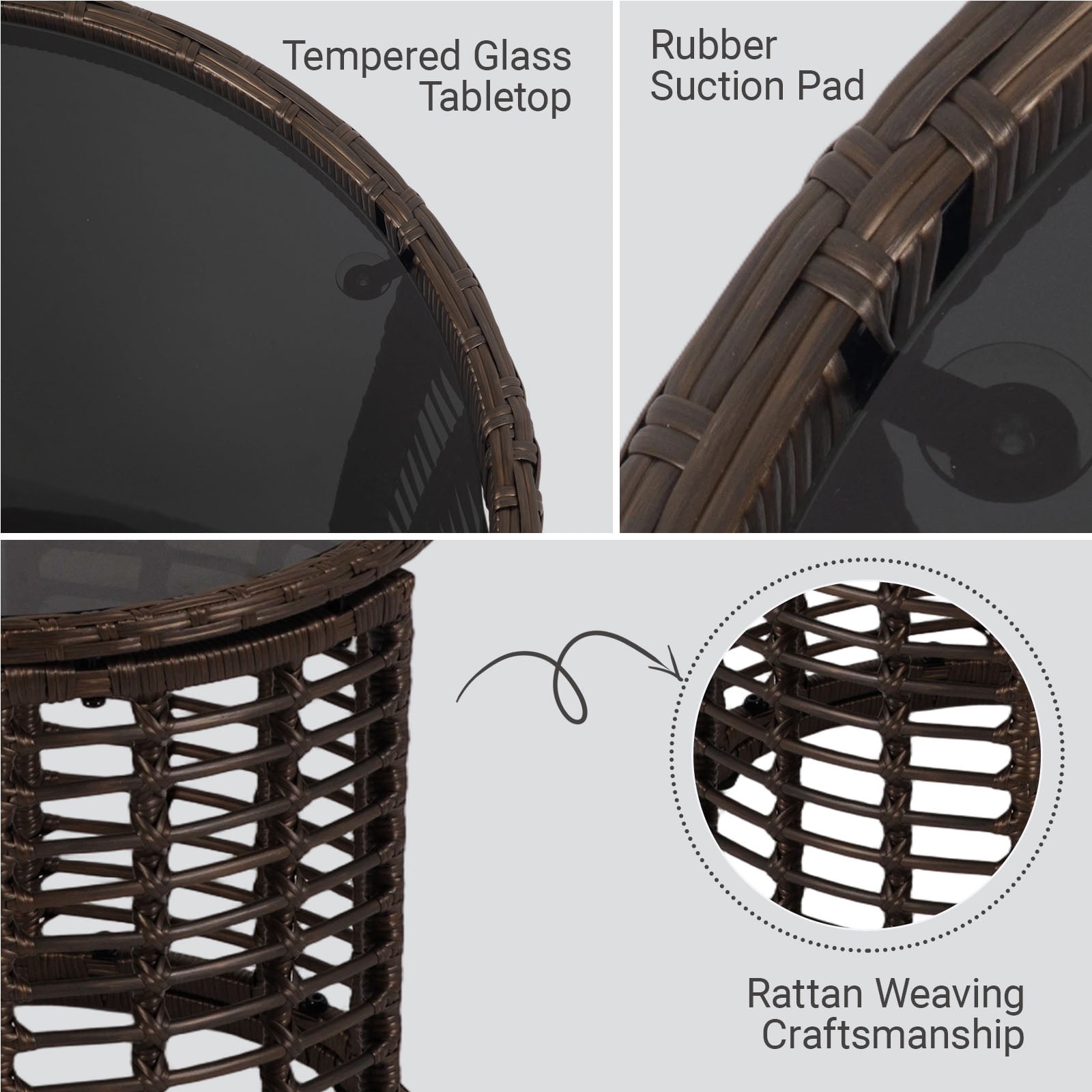 Kinbor Round Outdoor Wicker Coffee Table – Patio Side Table with Tempered Glass Top, Ottoman Style End Table for Balcony, Porch, Deck, Garden, Weather-Resistant Rattan, Easy Assembly