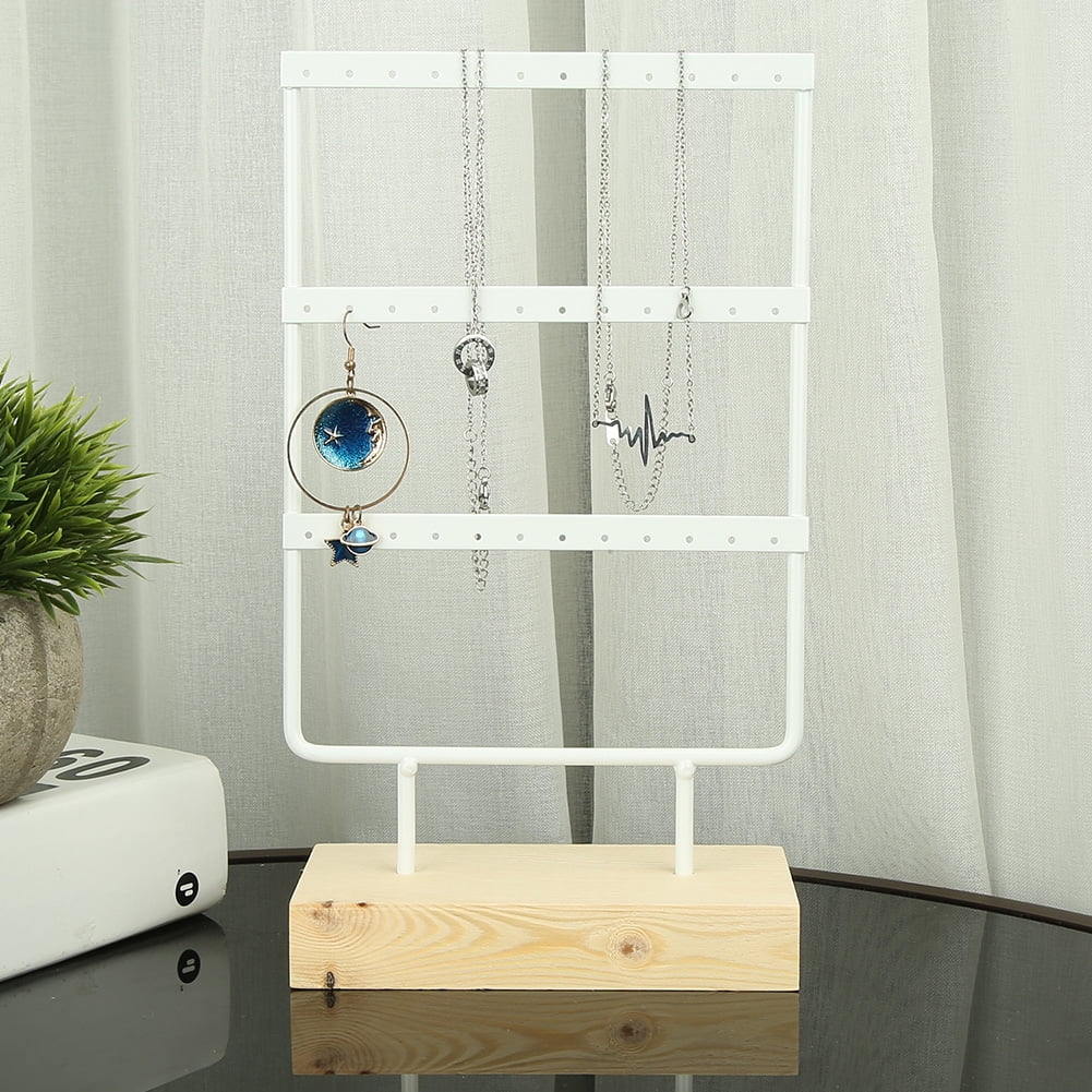 M Buder 36-Hole Metal Jewelry Storage Rack Display Stand, Earring and Necklace Organizer with Wood Base, Elegant White, 10.4 inches / 26.5 cm