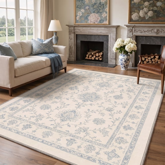 GENIMO 5'x7' Area Rug for Living Room, Machine Washable Non Slip Low Pile Rug for Bedroom Dining Room, Muted Floral, Dusty Blue