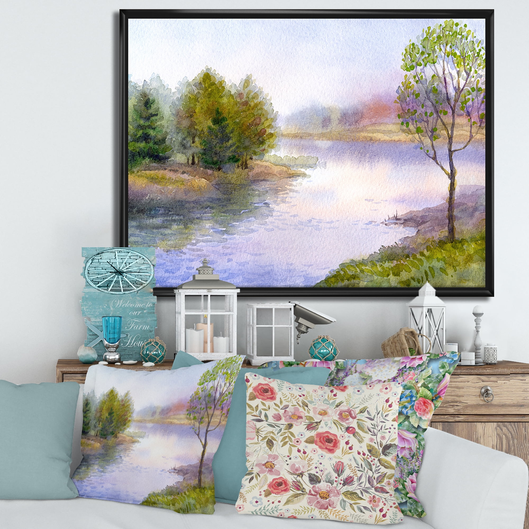 Designart 'Trees On The Bank Of River' Lake House Framed Canvas Wall Art Print