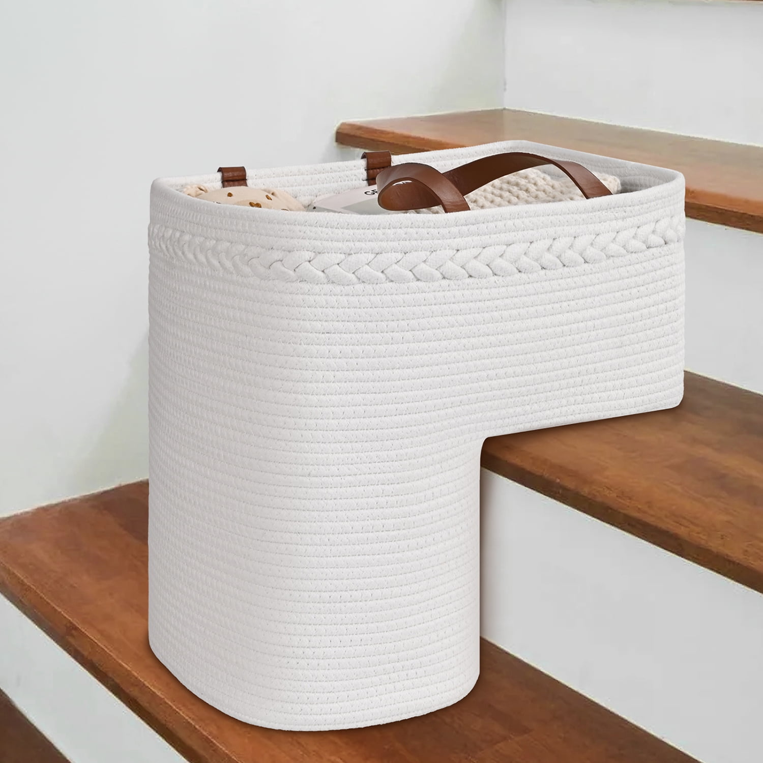 Natubeau Woven Storage Baskets, White Large Storage Basket with Handles for Wooden Stairs, Staircase Baskets for Organizing, 15"L x 10"W x 15"H