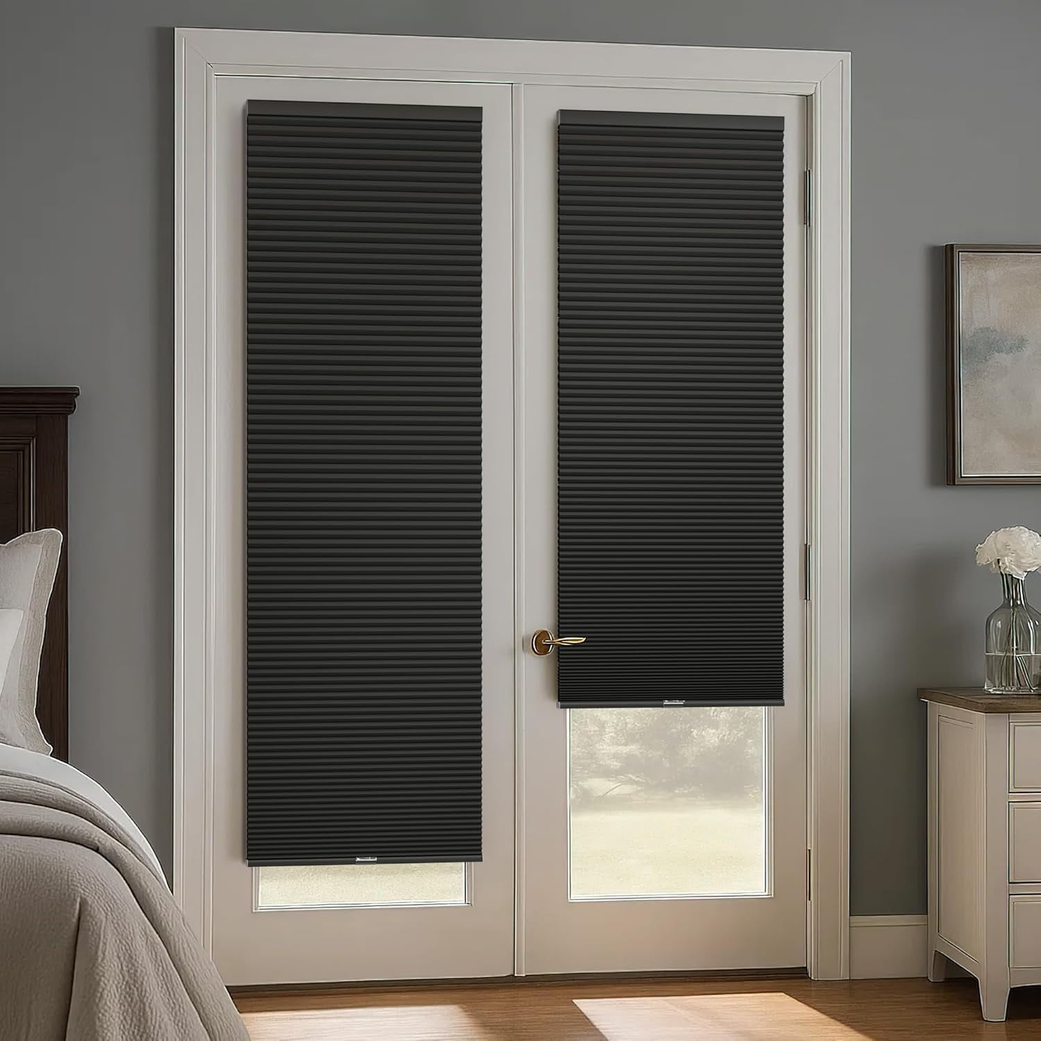LazBlinds Cordless Cellular Shades for French Doors, No Drill French Door Blinds for Privacy, Blackout Light Blocking Honeycomb Shades for Sliding Doors Front Door Patio, 1 Pack, 30" W x 78" H, Black