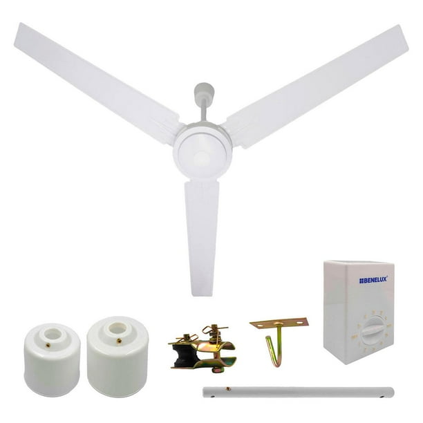 Ventilador de Techo 140cm Metálico Benelux 5 Velocidades Motor Grande Tipo Industrial Blanco 3 Aspas Control De Pared 65W