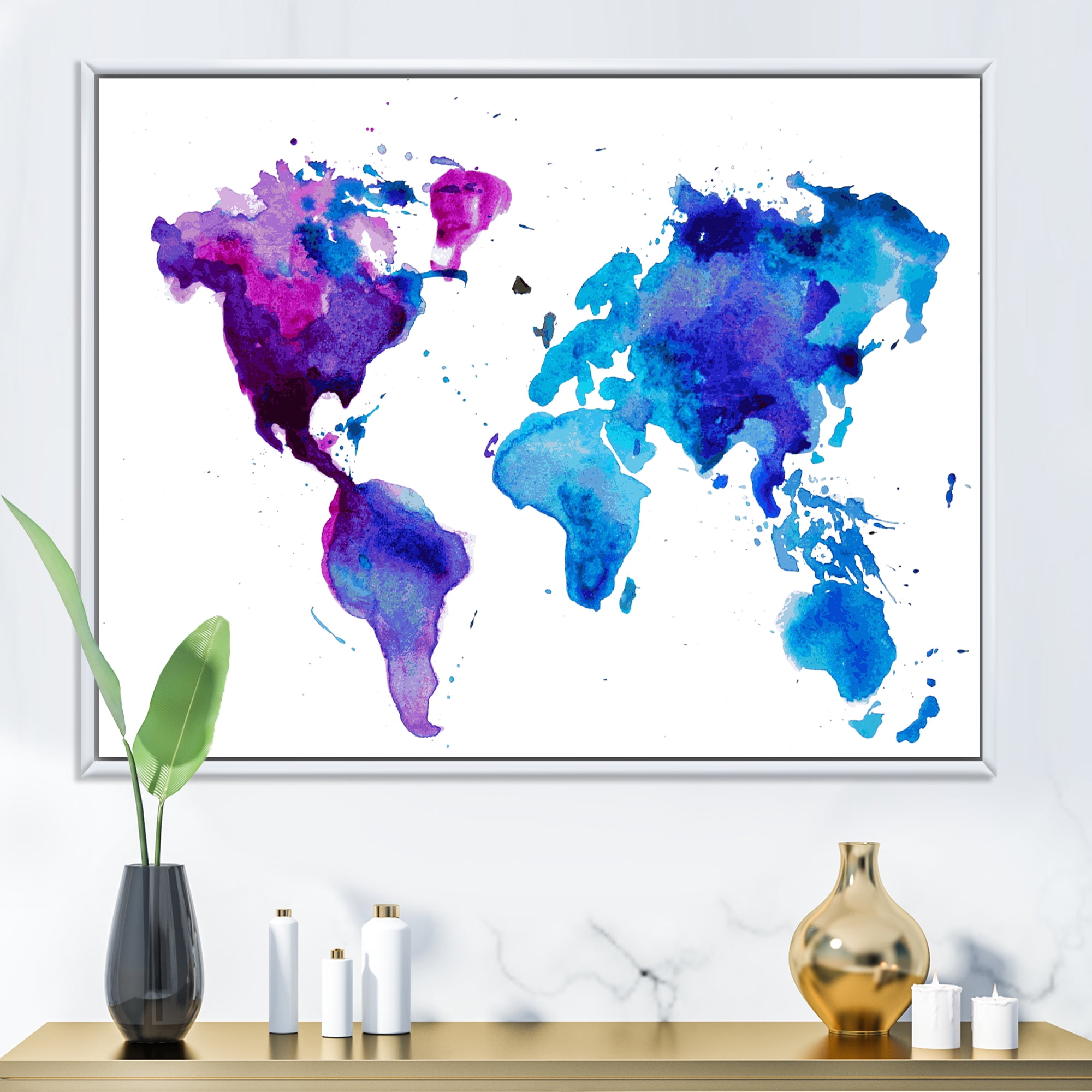 Designart 'Blue and Purple Map Of The World' Modern Framed Canvas Wall Art Print