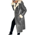 thumbnail image 3 of ClodeEU Womens Mid Long Fleece Lined Faux Leather Coat With Pockets,Winter Warm Lapel Button Coat Gray,Womens Plus S, 3 of 7