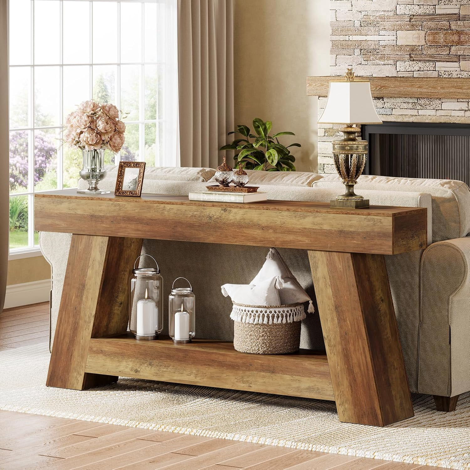 Tribesigns 70.86" Extra Long Sofa Console Table, Farmhouse 2-Tier Wooden Behind Couch Table for Entryway (Rustic Brown)