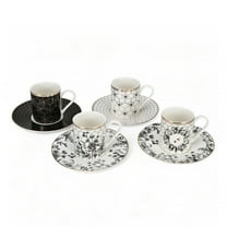STP GOODS Gold Bee Porcelain Espresso Cup and Saucer Set of 4 for 4 Porcelain Coffee Cup Set 4 fl oz (120 ml), Service for 4, Black and White