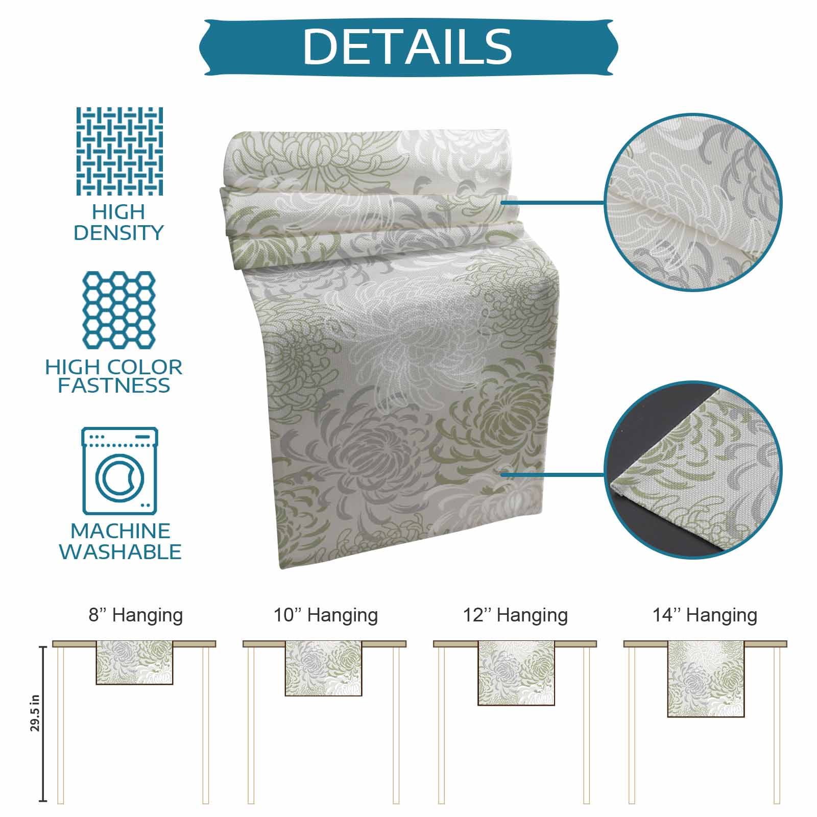 Table Runners 90 Inches Long Dress Scarves, Sage Green White Farmhouse Coffee/Dining/Kitchen Table Runner for Living Room, Abstract Grey Chrysanthemum Flower 13x90 Inch