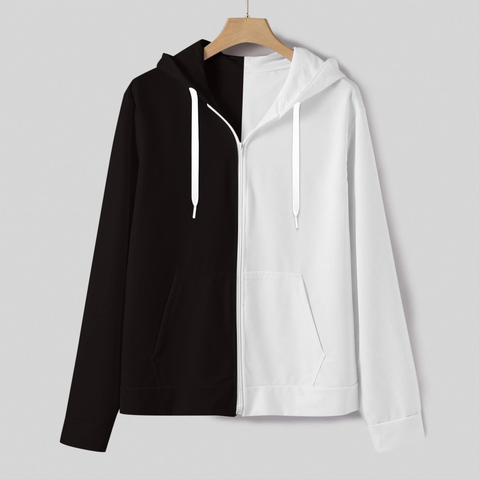 パーカー・フーディ HUECLOSET Brushed Two Way Hood Zip-Up SW58 Two Tone Sweatshirts for Men Fashion Color Block Drawstring