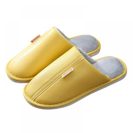 

PU Leather Slippers Men Couple Simple Fur Wood Flooring Home Autumn And Winter Non-slip Waterproof Confinement Cotton Slippers Women