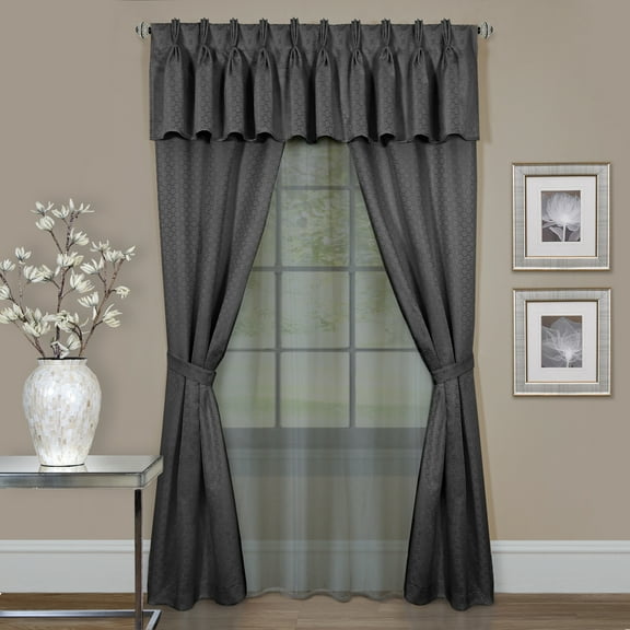 Woven Trends Modern Geometric 6-Piece Window Treatments Curtains, 55 x 84 Inches Rod Pocket Panels Light Filtering Curtain with Attached Valance, Underlay, and Tie Straps for Room Decor, Dark Gray