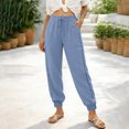 thumbnail image 2 of Women's Linen Pants with Pockets Side Lace Trim Trendy Beach Vacation Casual Trousers Elastic Bottom (XL, Light Blue), 2 of 8