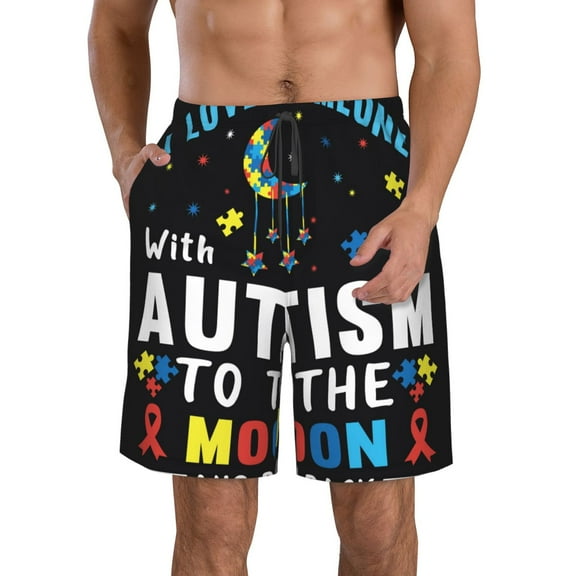 Logiee I Love With Autism To The Moon And Back Print Mens Swim Trunks Quick Dry Board Shorts,Breathable Hawaii Beach Shorts Swimwear Bathing Suits-Small