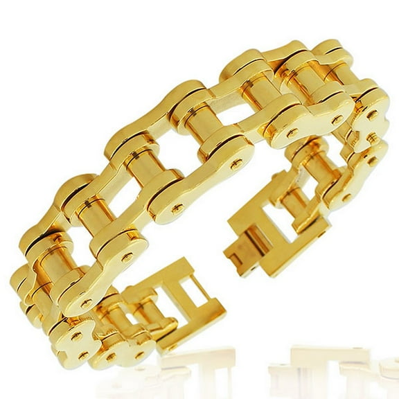 Stainless Steel Yellow Gold-Tone Link Bike Chain Large Heavy Men's Bracelet