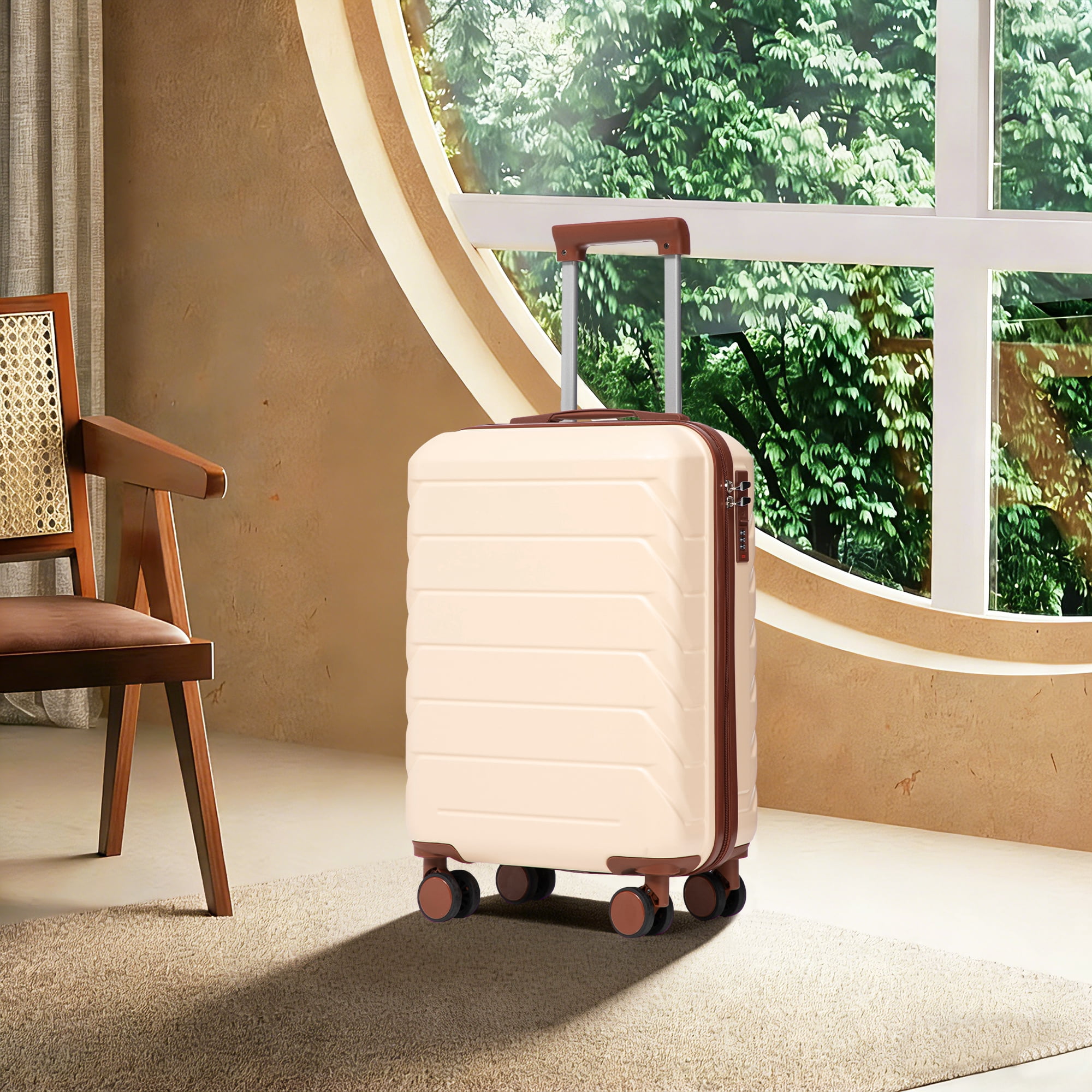 Merronix 20" ABS Hard Shell Large Travel Checked Luggage with 360° Spinner Wheels, Hardside Suitcase with Combination Lock and Side Hooks, Beige