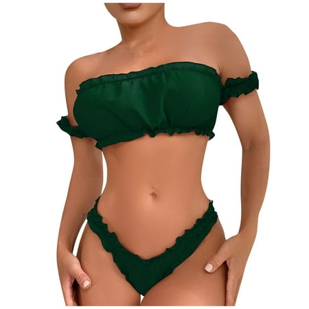 

XHJUN Lingerie Set Plus Size Ruffle Trim Mesh Wireless Ruched Lingerie Set Bra and Panty Set Dark Green S