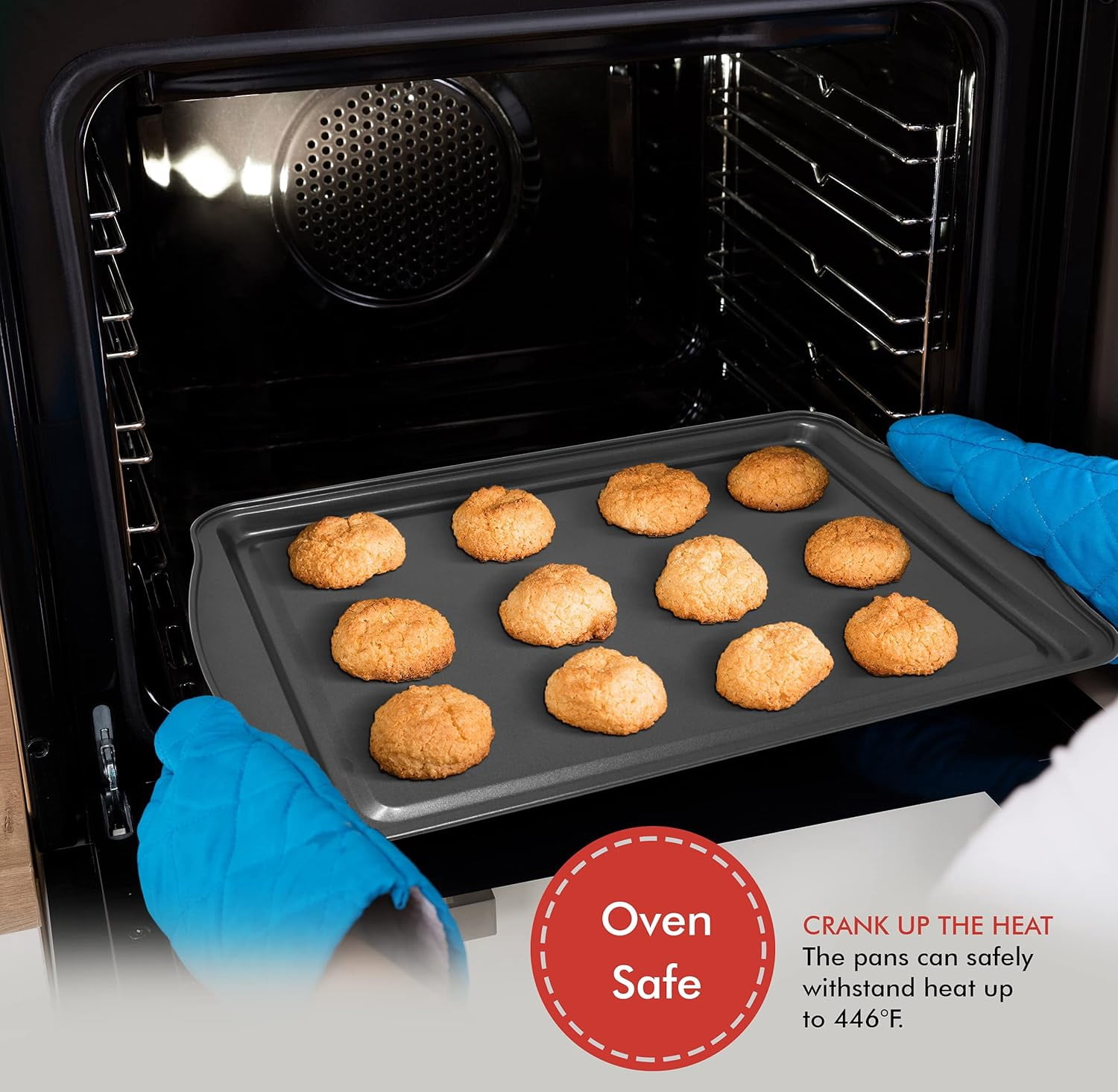 Perlli 3-Piece Cookie Sheet Oven Tray Set with Gray Handles for Non Stick Baking (Small, Medium, Large Trays)