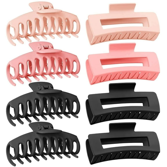 8 PCS Claw Clips in Black & Pink, Non-Slip Matte Finish 4.33 In Square Hair Claw for Thick Thin Curly Hair Women & girls, Jumbo Clamps with Big Open Design, Ideal for Travel, Yoga, or Daily Use
