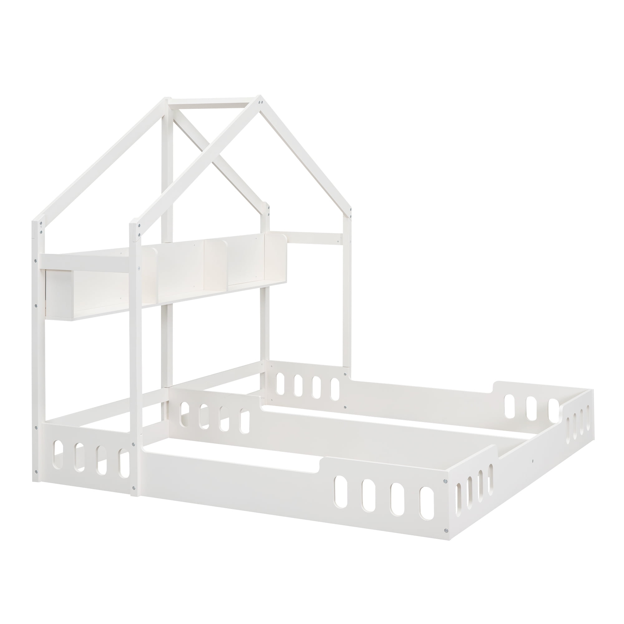 Euroco Wood Twin Size House Bed with Shelf, 2 Platform Beds with Storage, Creamy White