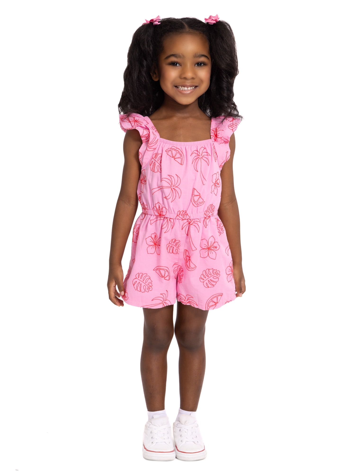 Wonder Nation Toddler Girls Allover Print Cotton Romper with Ruffle Sleeves, Sizes 12M-5T