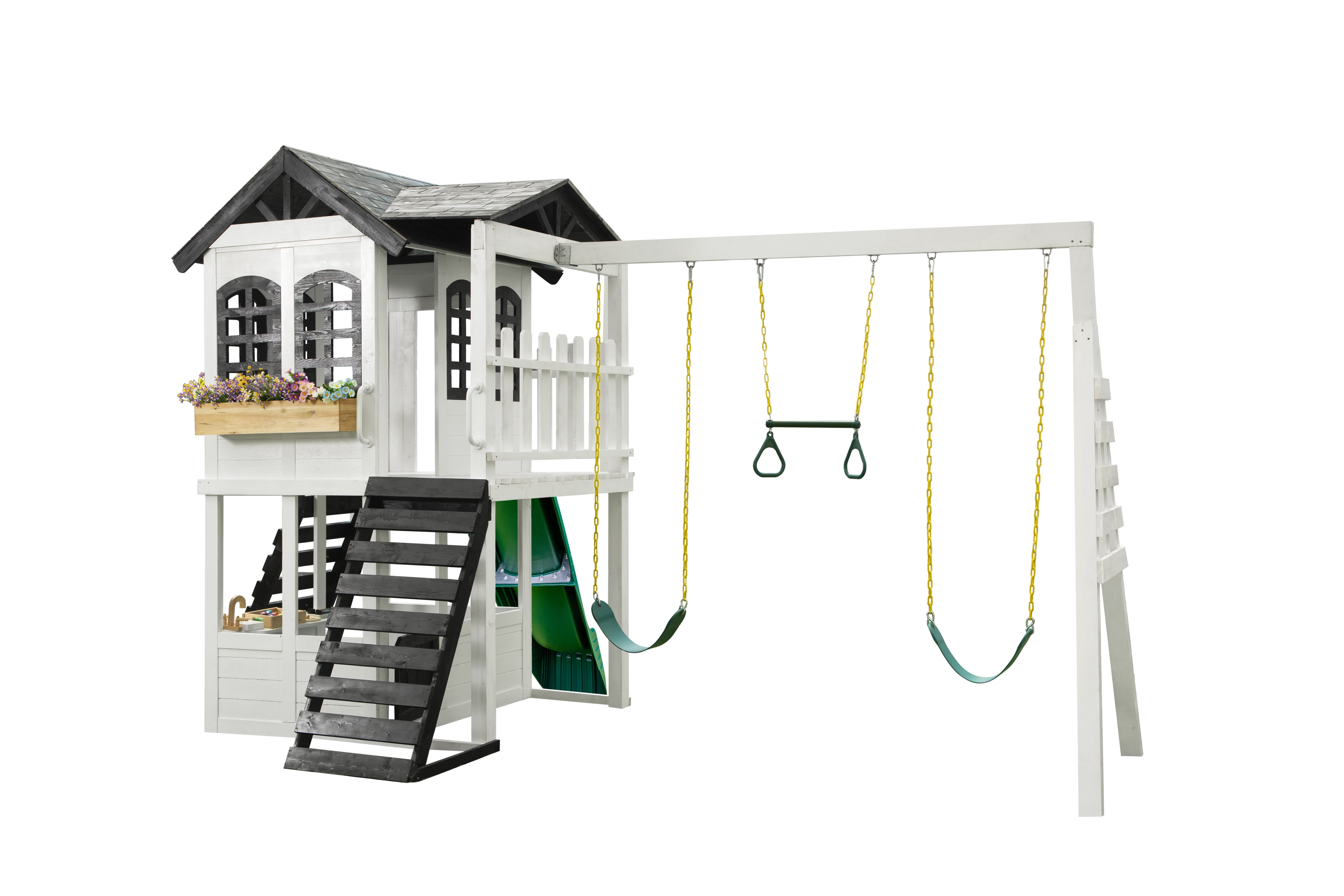 2MamaBees Reign Two Story Playhouse | Black & White Farmhouse Design with Kitchen and Garden