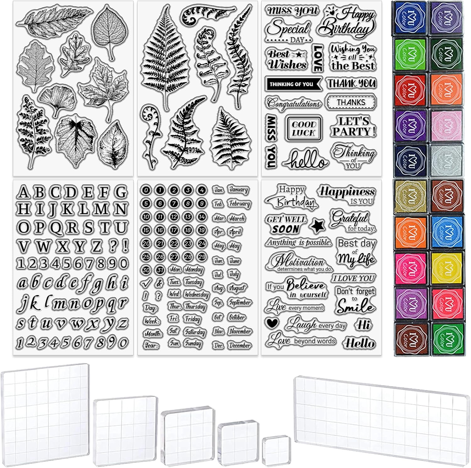6 Sheets Words Clear Stamps for Card Making 20 Craft Ink Pad 6 Acrylic Stamp Block Tools with Grid Lines Transparent Silicone Stamp with Bible Verse Happy Birthday Stamps Craft Supplies