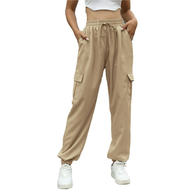 Women Casual Trousers, Cinched Cuff Breathable Polyester Fiber 4 Pockets  Mid Waist Casual Pants For Shopping Black,OD Green,Apricot
