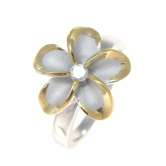 Sterling silver 925 Hawaiian plumeria flower cz ring 15mm rhodium and yellow gold plated 2 tone size 8