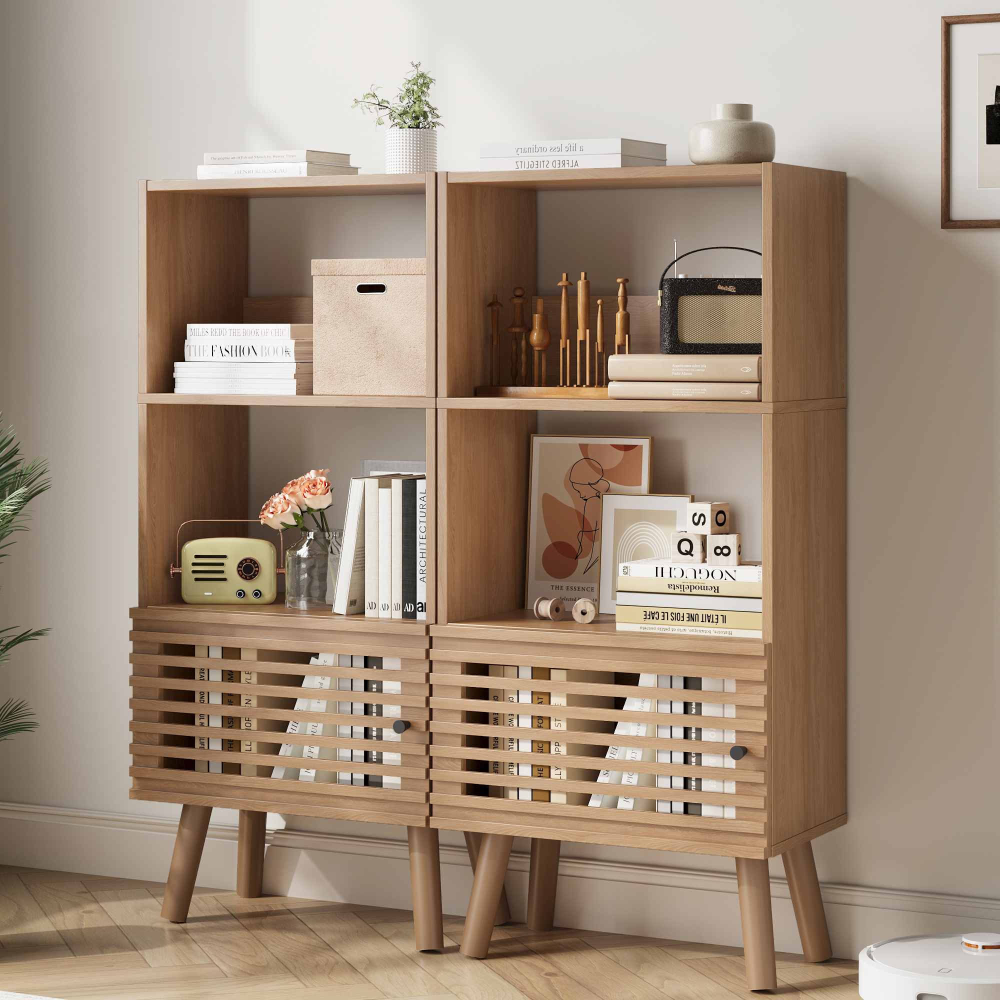 43" H Open Shelf Cube Bookshelf with Slatted Door, Mid-Century Small Bookcase with 3 Cubes, Open Shelves Display Storage Cabinet for Living Room, Home Office, Oak