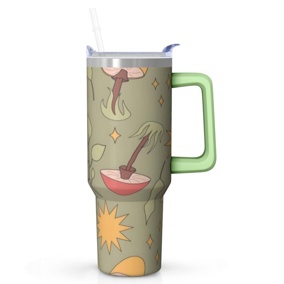 Boho Magical Forest Mushrooms Stainless Steel Tumbler with Handle Lid Straw, Whimsical Mushroom Insulated Travel Coffee Mug Cup for Hot Cold Drinks, Psychedelic Fungi Gift