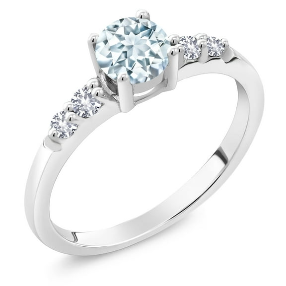 Gem Stone King 0.57 Ct Round Sky Blue Aquamarine White Created Sapphire 925 Silver Engagement Ring (Size 7)