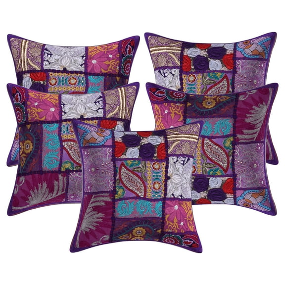 Stylo Culture Ethnic Cotton Home Decor Throw Pillow Covers Purple 12 x 12 Bohemian Vintage Patchwork Ethnic Sofa Cushion Covers 30x30 cm Living Room Abstract Square Pillow Cases | Set Of 5