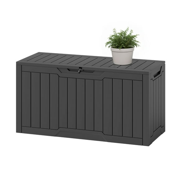 ModFusion 80 Gallon Dark Gray Outdoor Storage Box, Weatherproof Deck Box with Hydraulic Lid, Bench & Table