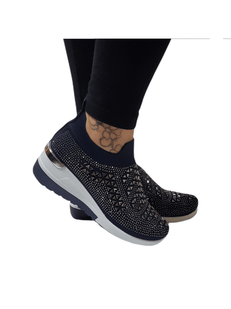 Womens Crystal Bling Fashion Platform Trainers Ladies Slip Walking Gym Shoes Navy Blue 6 - Walmart.com