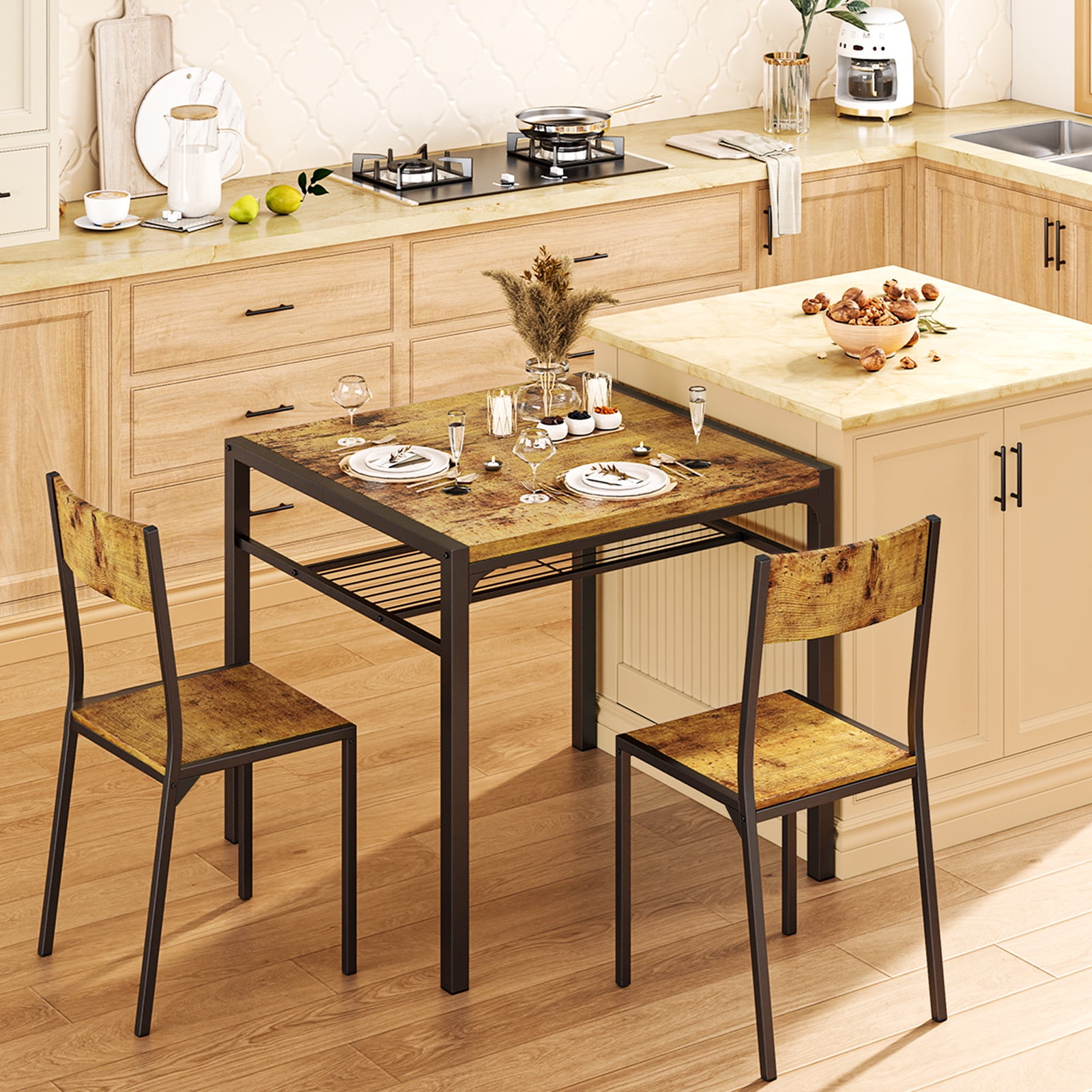 Dining Table Set for 2,Lofka 3 Piece Small Kitchen set,Breakfast Table with Storage & 2 Chairs for Small Spaces,Dorms,Coffee Bar Corner,Retro Brown