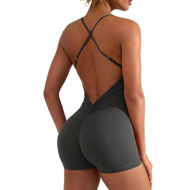 Women Backless Tummy Control Jumpsuits High Waist Workout Jumpsuits Sleeveless V Back Scrunch Yoga Rompers