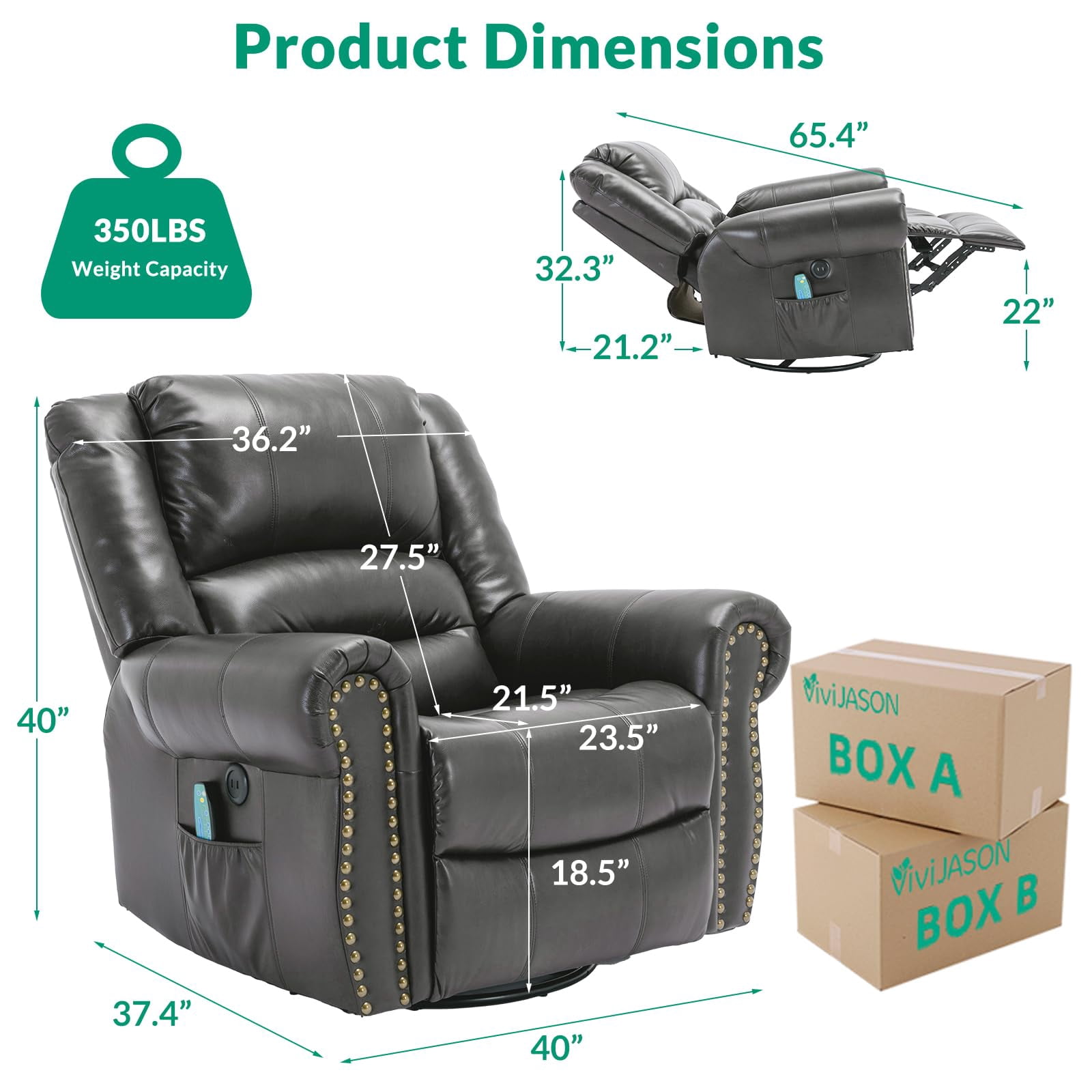 VIVIJASON Massage Swivel Rocker Recliner Chair with Heat & Vibration, 360° Swivel Manual Glider Rocking Reclining Chair with 2 Remote Controls, Side Pockets & USB Ports for Living Room, Gray