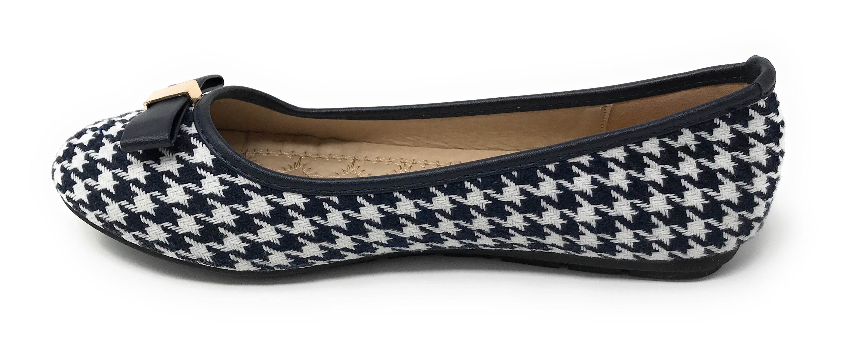 Victoria K Women's Houndstooth Print Gold Emblem Solid Color Bow Ballerina Flats